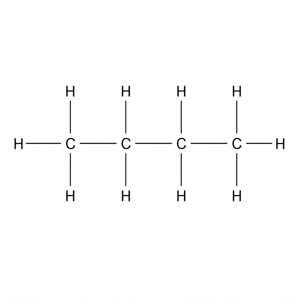 A structural formula diagram of a butane molecule. It shows a chain of four carbon atoms (C) in a horizontal line, connected by single covalent bonds. Each carbon atom is also single-bonded to hydrogen atoms (H). There are three hydrogen atoms bonded to the leftmost carbon, two to each of the middle carbons, and three to the rightmost carbon, making a total of 4 carbon atoms and 10 hydrogen atoms.
