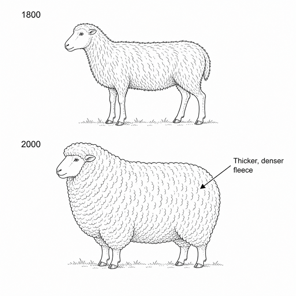 Comparison of sheep in 1800 and 2000 showing selective breeding for a thicker, denser fleece