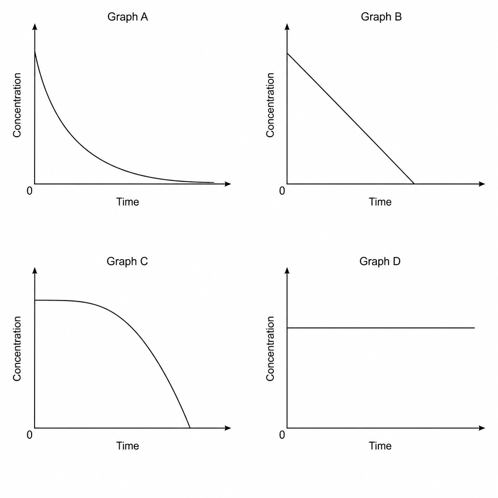 Four concentration-time graphs labeled Graph A, Graph B, Graph C, and Graph D.