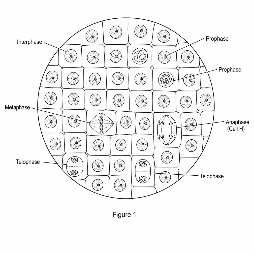 A diagram showing a microscope field of view of onion root tip cells, labeled Figure 1. The view contains 40 distinct cells in total. 34 of these cells are in interphase, showing a circular nucleus with a granular chromatin appearance. 6 cells are in active mitotic stages: 2 in prophase (chromosomes condensed and visible as threads), 1 in metaphase (chromosomes aligned at the equator), 1 cell labeled Cell H in anaphase (chromatids separated and moving towards opposite poles), and 2 in telophase (chromosomes clustered at opposite poles with a cell plate forming).