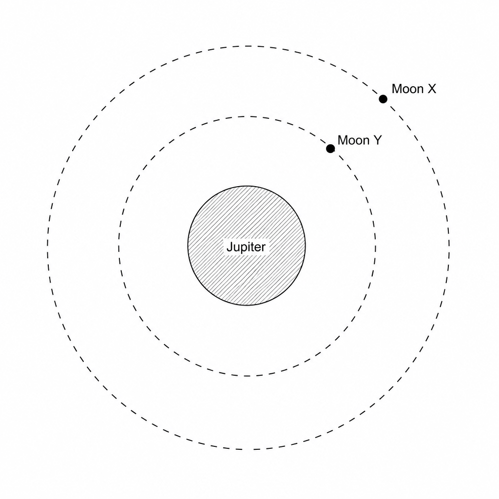 Diagram showing two moons orbiting Jupiter. Jupiter is represented as a large shaded circle in the center. Two concentric circles show the orbits of the two moons. Moon Y is represented as a small black circle on the inner orbit, and Moon X is represented as a small black circle on the outer orbit. Both orbits are centered on Jupiter.