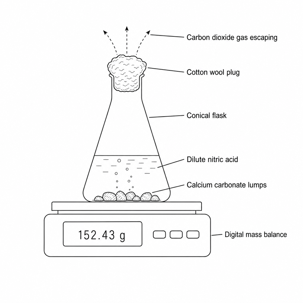 Figure 1: Diagram showing a conical flask containing calcium carbonate lumps and dilute nitric acid sitting on a digital mass balance. The neck of the flask is plugged with a wad of cotton wool to allow carbon dioxide gas to escape while preventing any liquid acid spray from being lost.