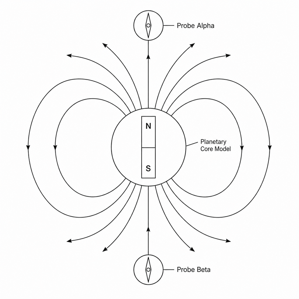 Figure 1: Laboratory planetary magnetic field simulation. A central sphere labeled 'Planetary Core Model' contains a vertical bar magnet with the North pole at the top and South pole at the bottom. Probe Alpha is positioned directly above the North pole, and Probe Beta is positioned directly below the South pole. Both probes contain small magnetic compass needles.