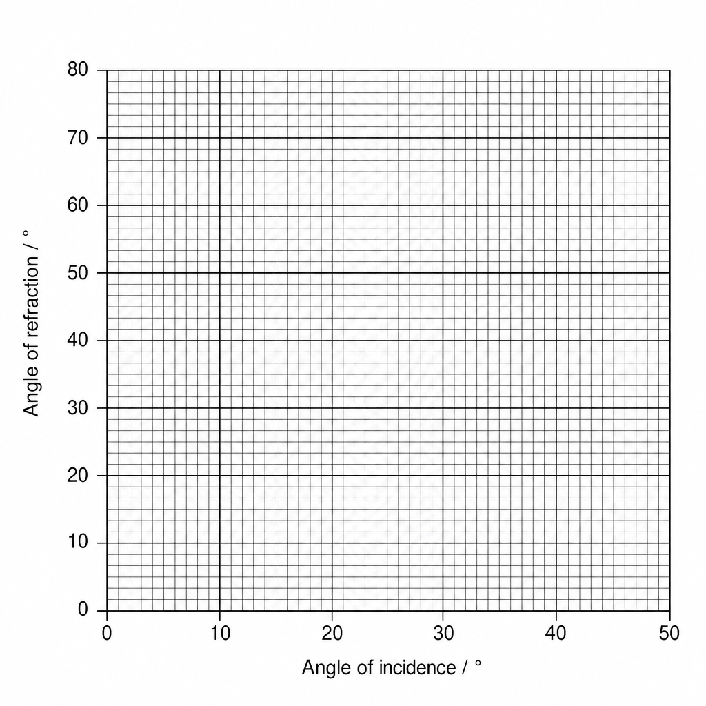 A blank grid for plotting a graph. The horizontal axis is labeled 'Angle of incidence / °' and ranges from 0 to 50, with major grid lines every 10 units and minor grid lines every 1 unit. The vertical axis is labeled 'Angle of refraction / °' and ranges from 0 to 80, with major grid lines every 10 units and minor grid lines every 1 unit.