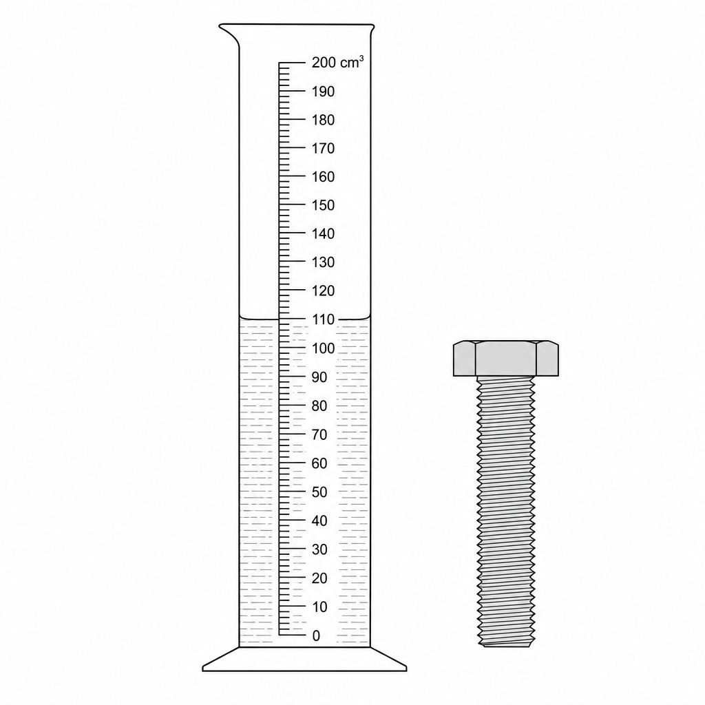 Figure 1: A measuring cylinder filled with water to a level of 110 cm³, with a solid zinc bolt resting next to the cylinder.