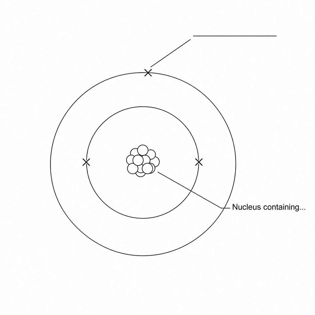 Diagram of a lithium atom showing a central nucleus with a line pointing to it, labeled 'Nucleus containing...'. Two outer concentric rings represent electron shells containing a total of three crosses representing electrons. An arrow points from a blank label line to one of the crosses on the outer shell.