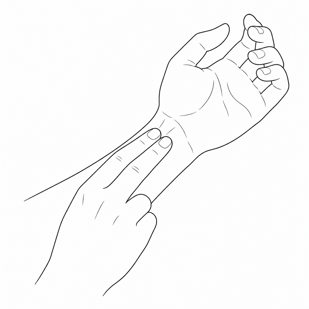 A line drawing of a wrist showing two fingers of the opposite hand placed near the base of the thumb over the radial artery pulse point.