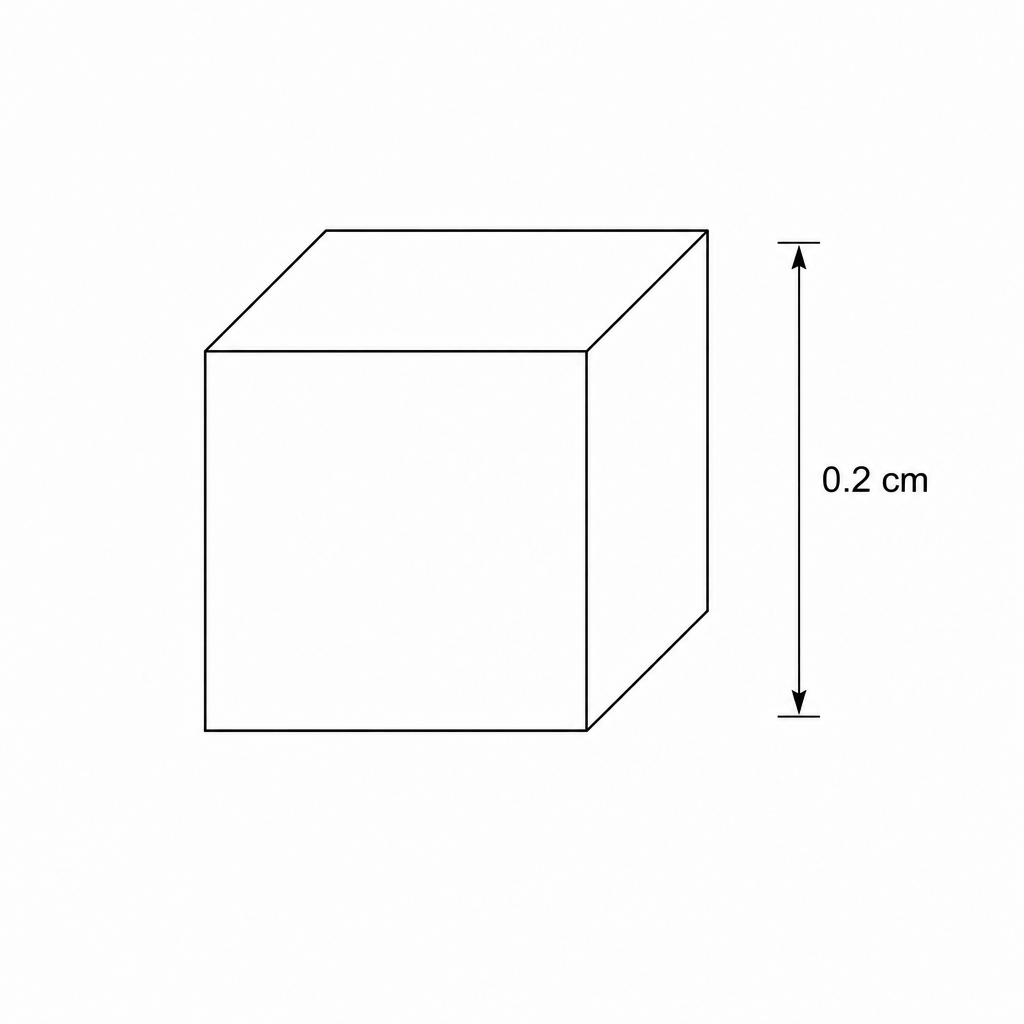 A diagram of a grey three-dimensional cube representing a calcium carbonate lump. There is a vertical double-headed arrow next to the right side of the front face labeled '0.2 cm' representing its height.