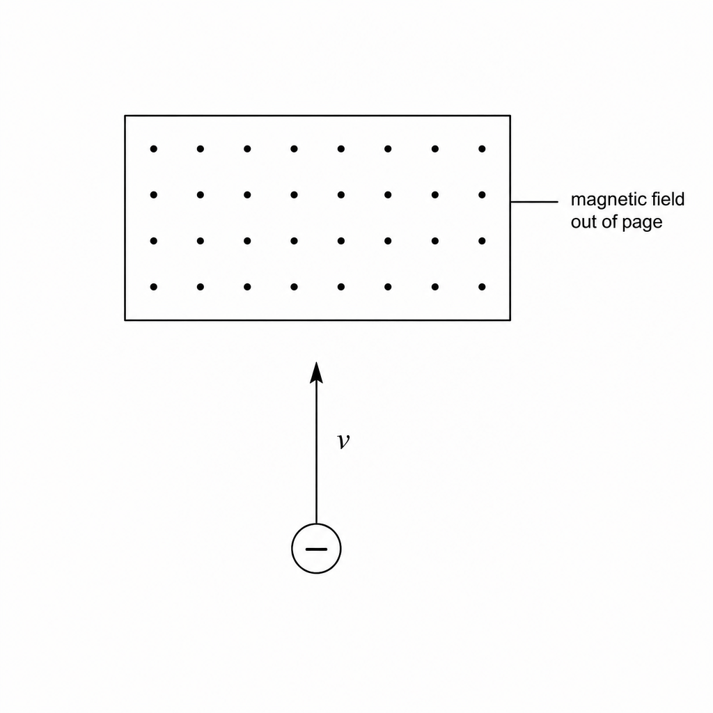 A negatively charged ion moving upwards into a uniform magnetic field directed out of the page