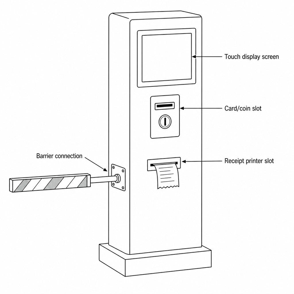 A diagram of a parking payment station showing a touch display screen, a coin/card slot for inputs, a receipt dispensing slot, and a barrier connection output.