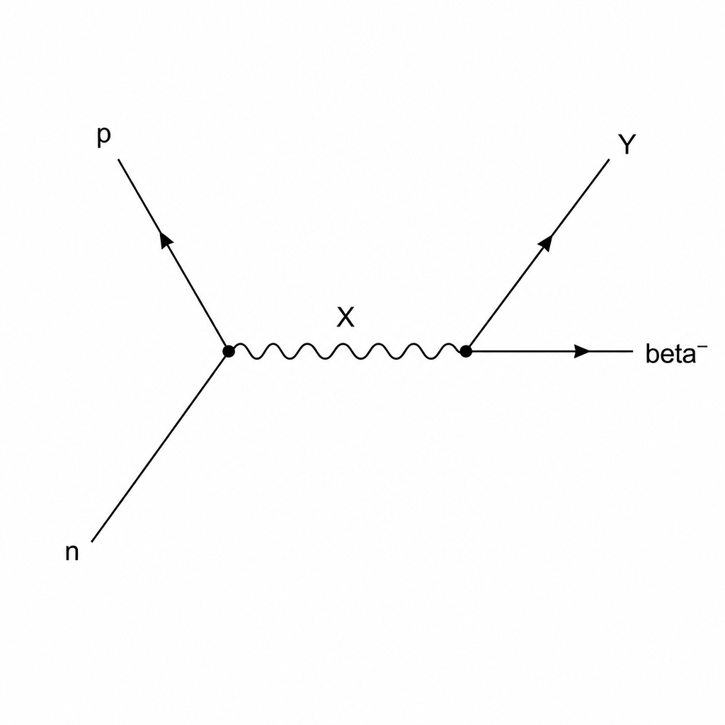 Feynman diagram for beta minus decay. A straight line labeled 'n' enters from the bottom-left and meets at a vertex. From this vertex, a straight line labeled 'p' exits towards the top-left. From this first vertex, a wavy line representing an exchange particle labeled 'X' goes to a second vertex on the right. From this second vertex, two straight lines exit: one labeled 'Y' pointing towards the top-right, and another labeled 'beta minus' pointing towards the right.