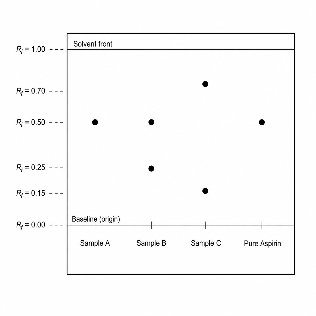 A chromatogram profile of four lanes: Sample A, Sample B, Sample C, and Pure Aspirin.