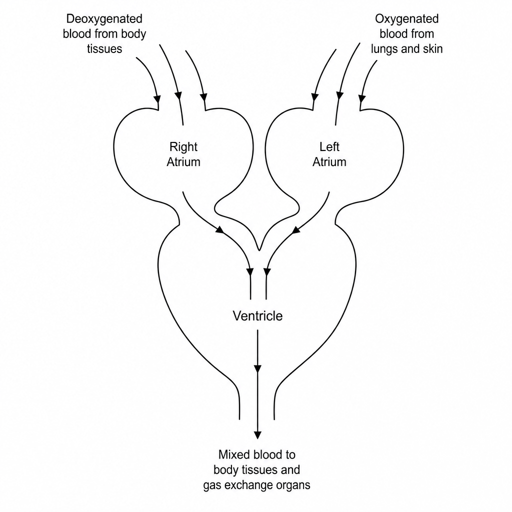 Simplified diagram of a three-chambered amphibian heart