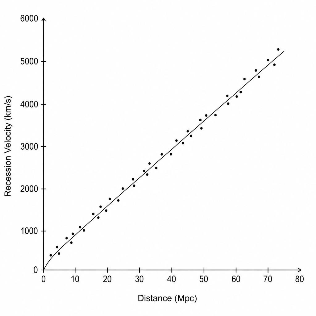 A scatter graph titled 'Galaxy Recession Velocity vs. Distance'. The horizontal x-axis is labelled 'Distance (Mpc)' with a scale from 0 to 80, in major increments of 10. The vertical y-axis is labelled 'Recession Velocity (km/s)' with a scale from 0 to 6000, in major increments of 1000. A straight line of best fit starts at the origin (0,0) and passes exactly through the points (20, 1400), (40, 2800), and (60, 4200). Several data points are plotted closely clustered around this line of best fit.