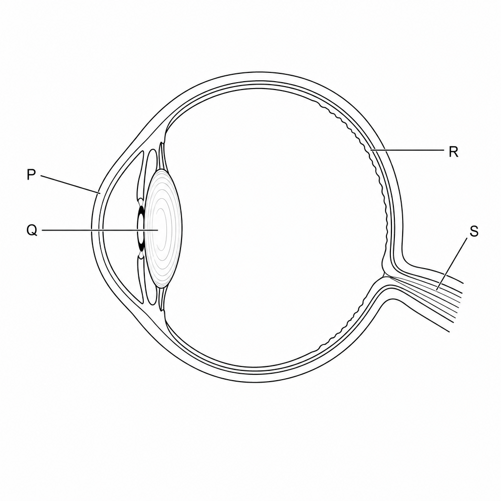 Cross-section of the human eye with labels P, Q, R, and S
