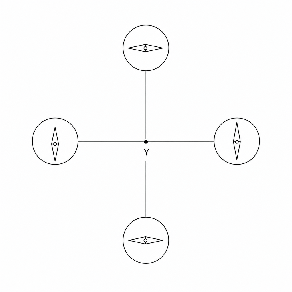 Four compasses arranged around Y