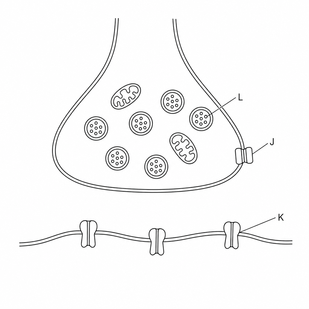 Chemical synapse diagram with structures J, K, and L