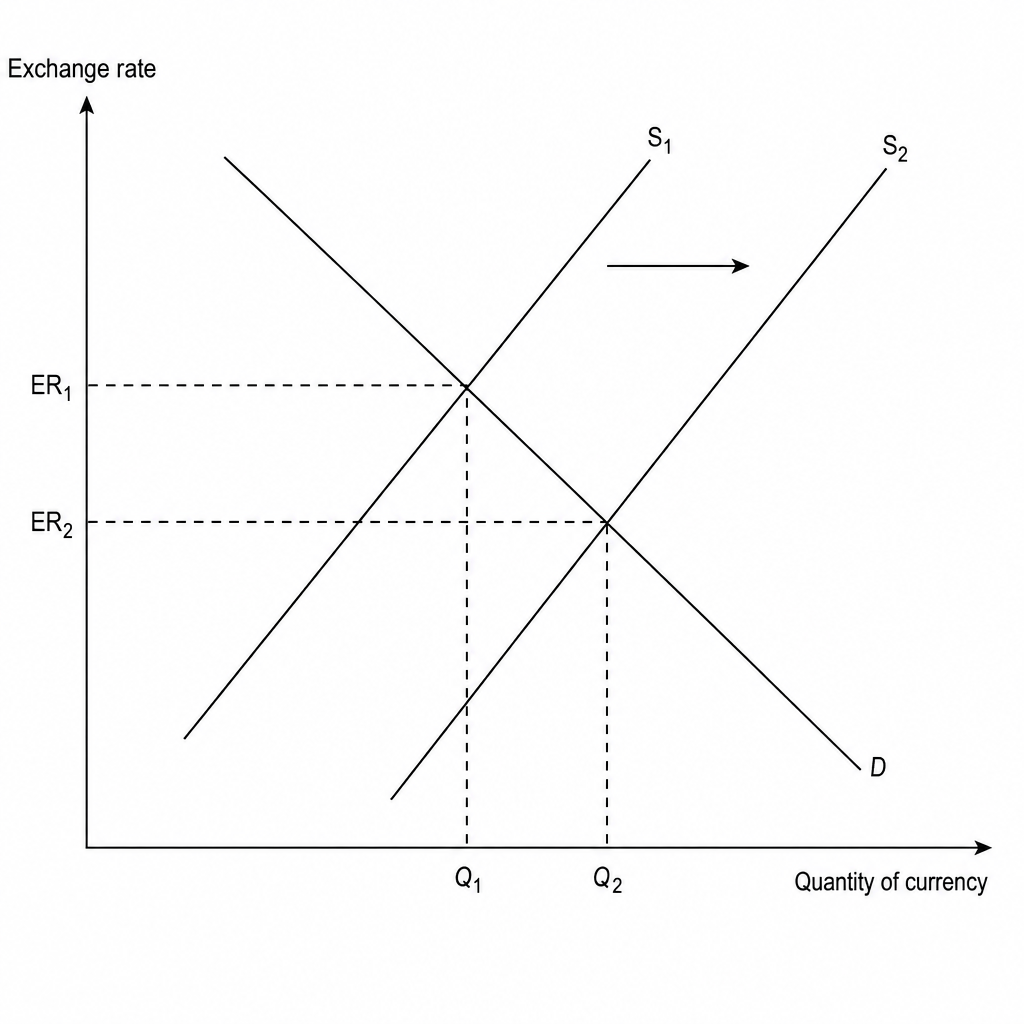 A foreign exchange market diagram showing an increase in the supply of currency, shifting the supply curve rightward from S1 to S2, which causes a decrease in the exchange rate from ER1 to ER2.