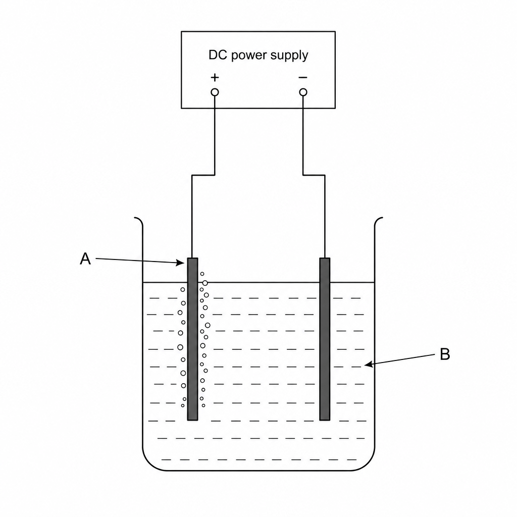 Diagram of an electrolysis cell for zinc sulfate solution. A beaker contains a liquid, with a label B pointing directly to this liquid. Two inert carbon rods are suspended in the liquid. The left rod is connected to the positive (+) terminal of a d.c. power supply, and is labeled A. The right rod is connected to the negative (-) terminal of the power supply. Small bubbles are shown forming on the surface of the left electrode.