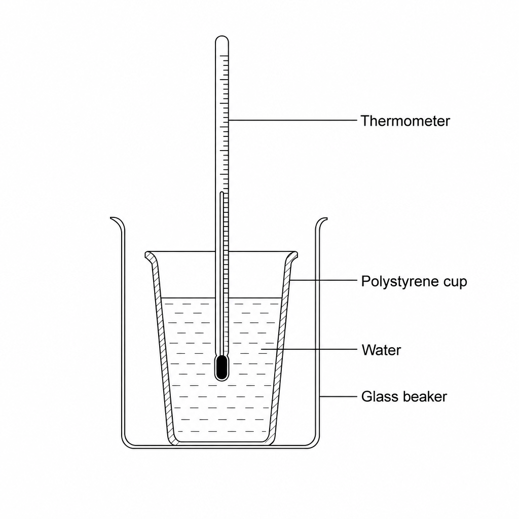 Figure 1: Diagram of the experimental setup showing a thermometer placed inside a polystyrene cup containing water, with the cup supported inside a glass beaker for stability.