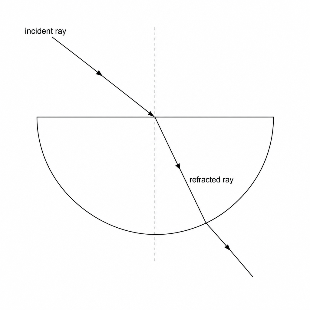 A ray of light traveling from air into a semi-circular glass block