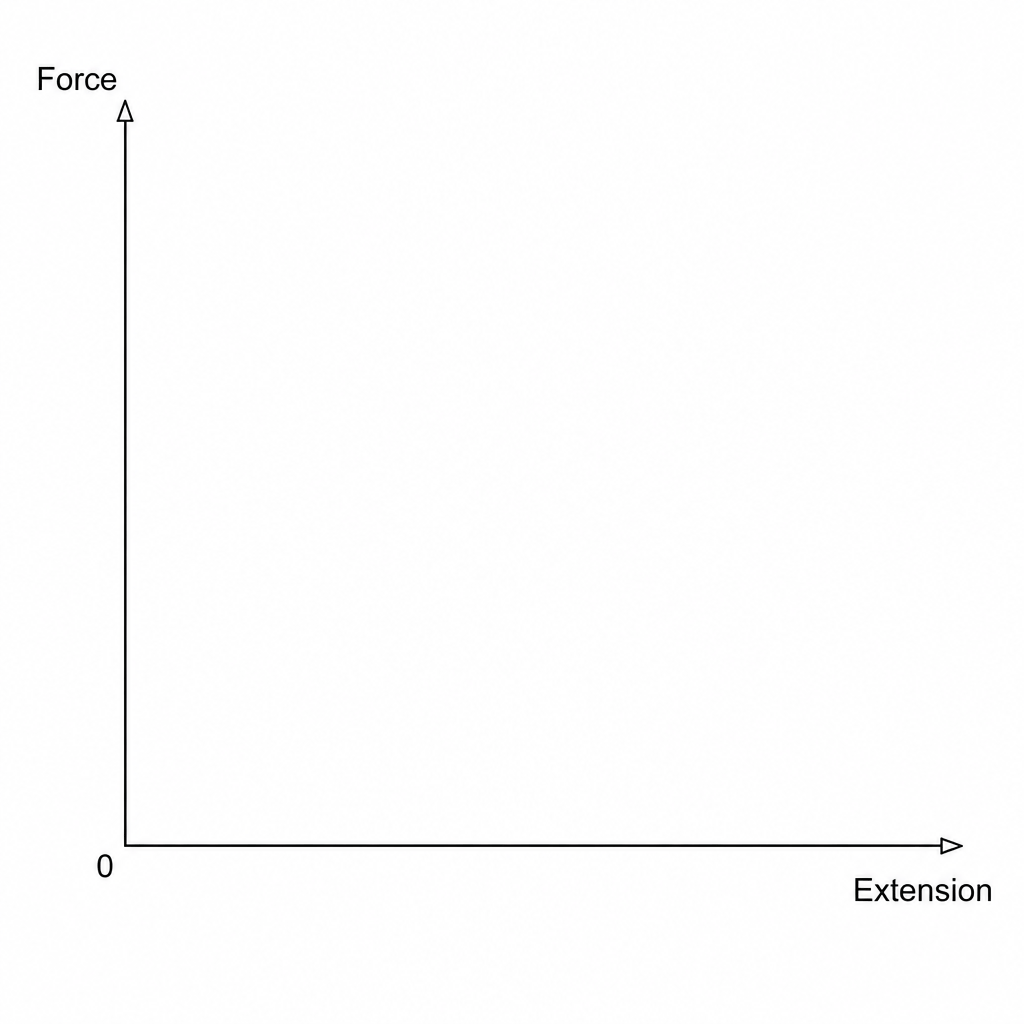 An empty graph template with the vertical axis labeled "force" and the horizontal axis labeled "extension". Both axes start at 0 at the origin, with arrows at their ends.