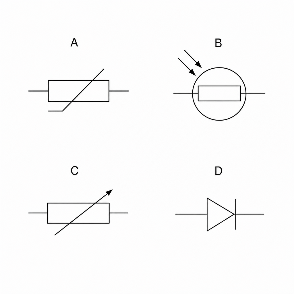 Four circuit symbols labelled A, B, C, and D.