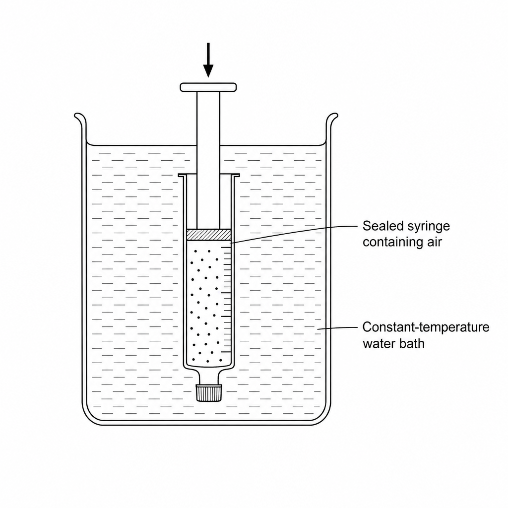 Experimental setup of a sealed syringe containing air submerged in a constant-temperature water bath, with an arrow indicating the plunger is being pushed inwards.