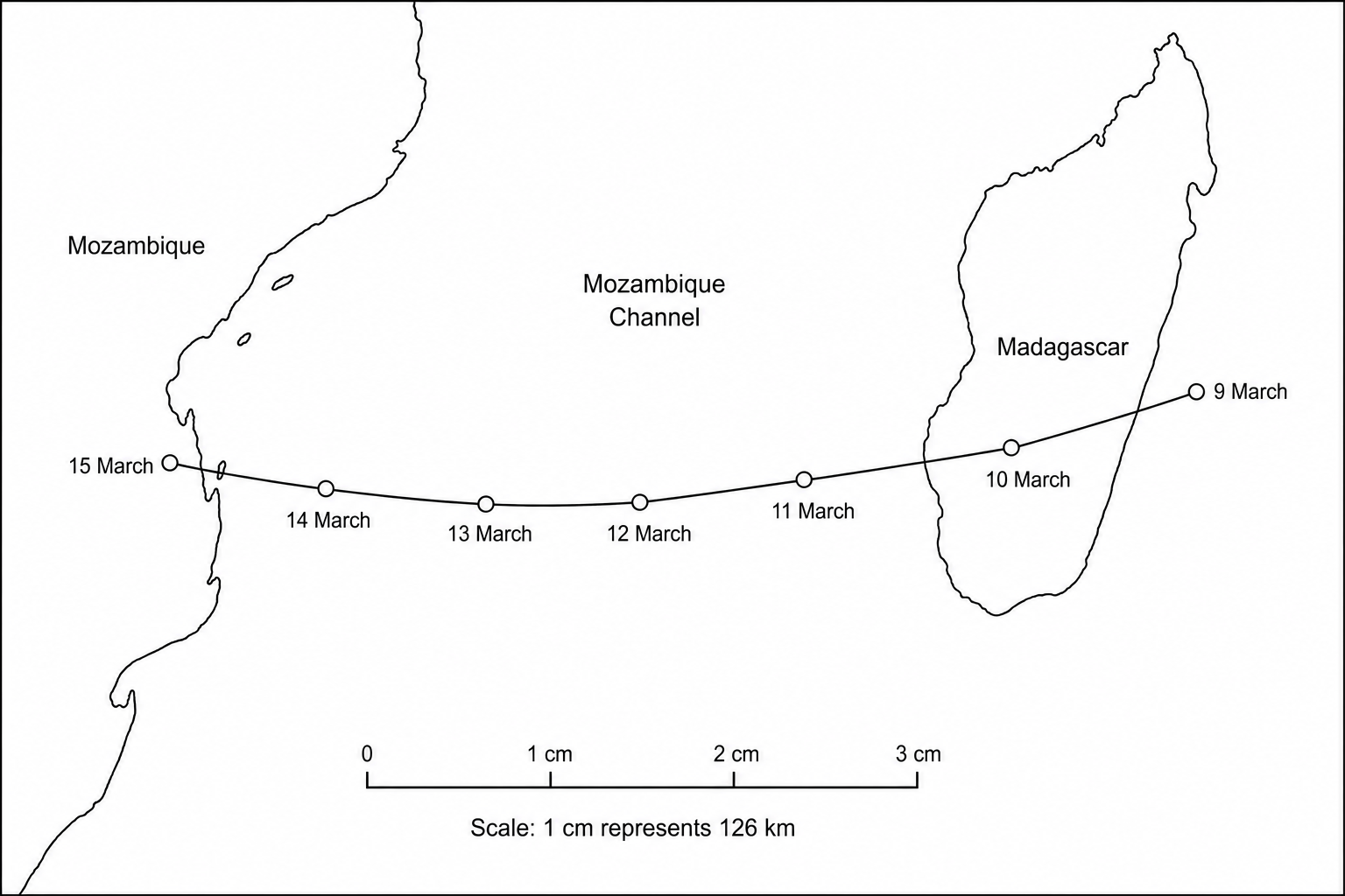 Map showing the storm track of Cyclone Idai in the Mozambique Channel from 9 to 15 March 2019.