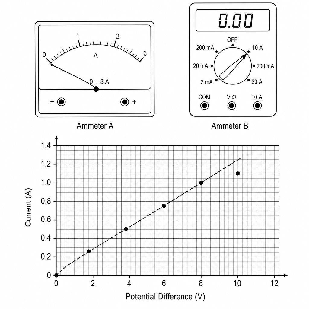 Ammeter readings and current-voltage graph