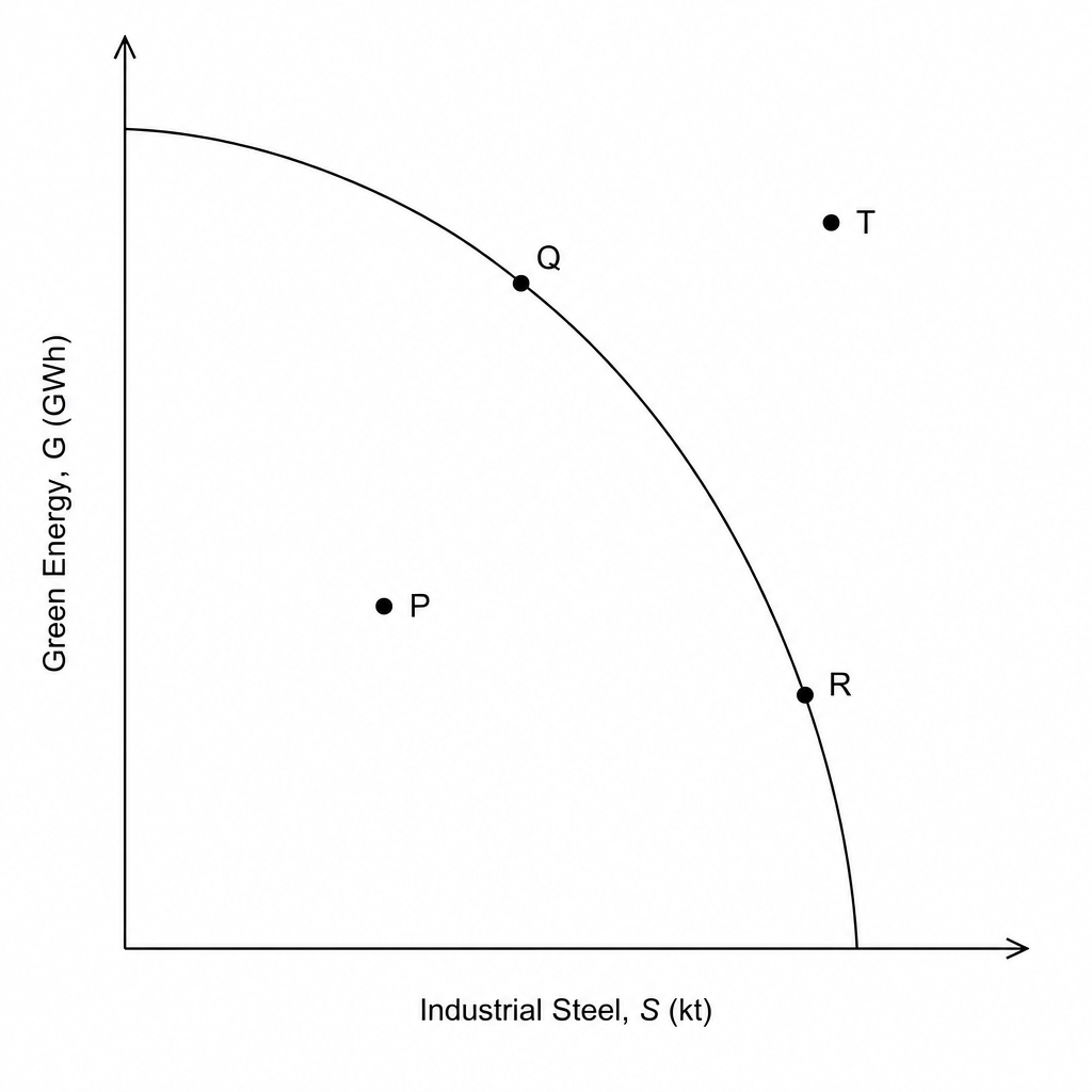 Production Possibility Frontier (PPF) showing Green Energy and Industrial Steel