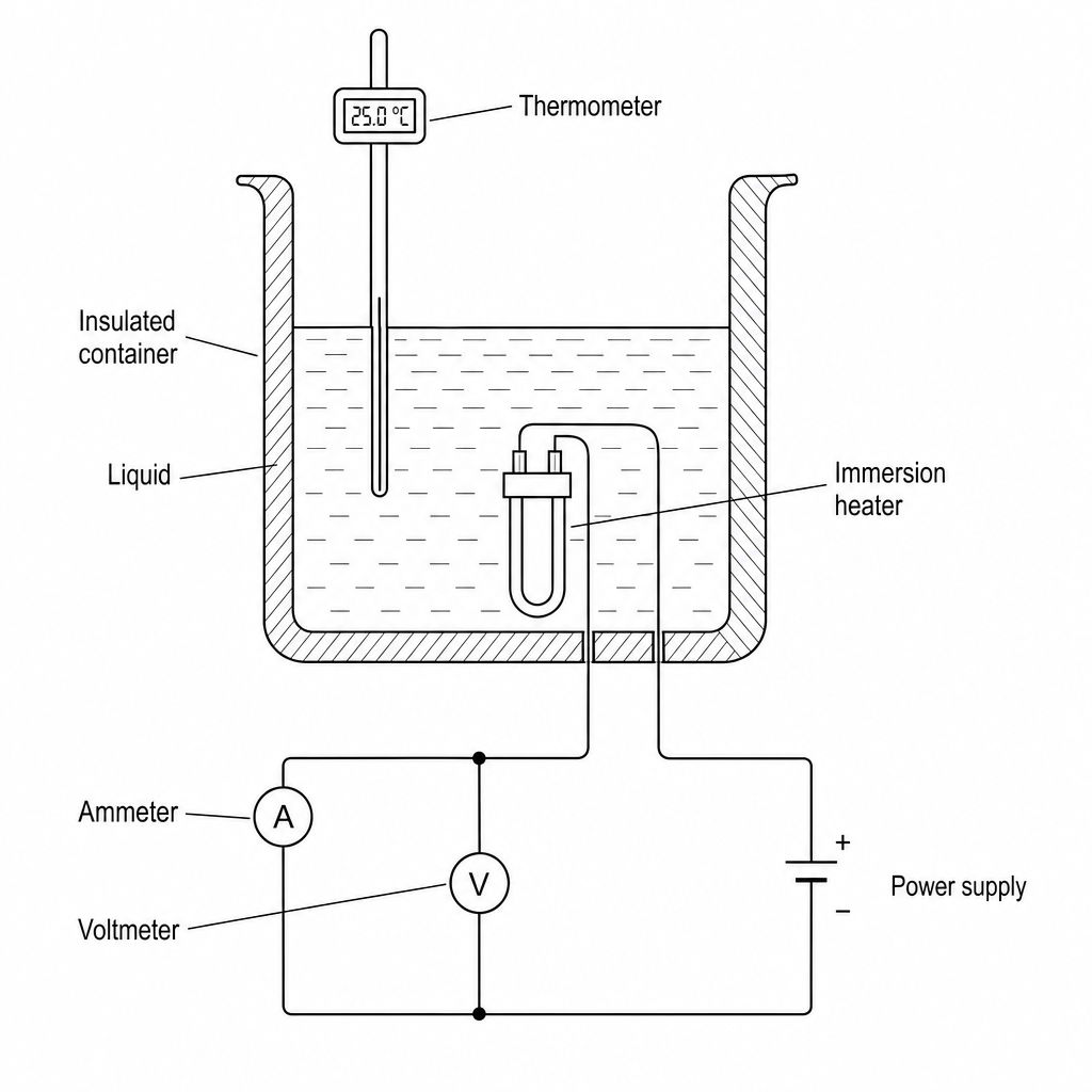 Experimental setup showing an insulated container holding a liquid. An immersion heater and a thermometer are submerged in the liquid. The heater is wired to a power supply with an ammeter in series and a voltmeter in parallel.