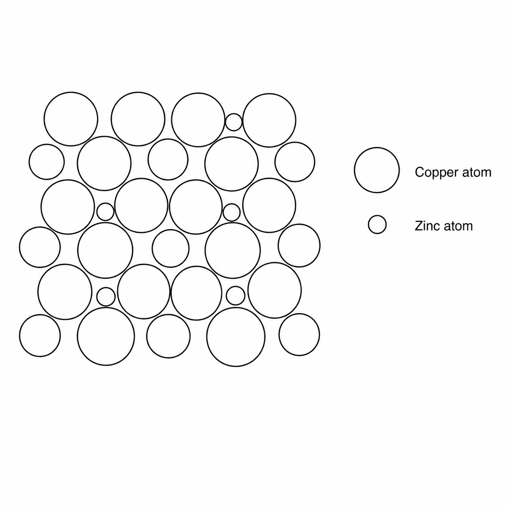 A close-packed arrangement of 24 circles. There are exactly 15 large, dark-grey circles representing copper atoms and 9 smaller, white circles representing zinc atoms, mixed together in a disordered layer structure.