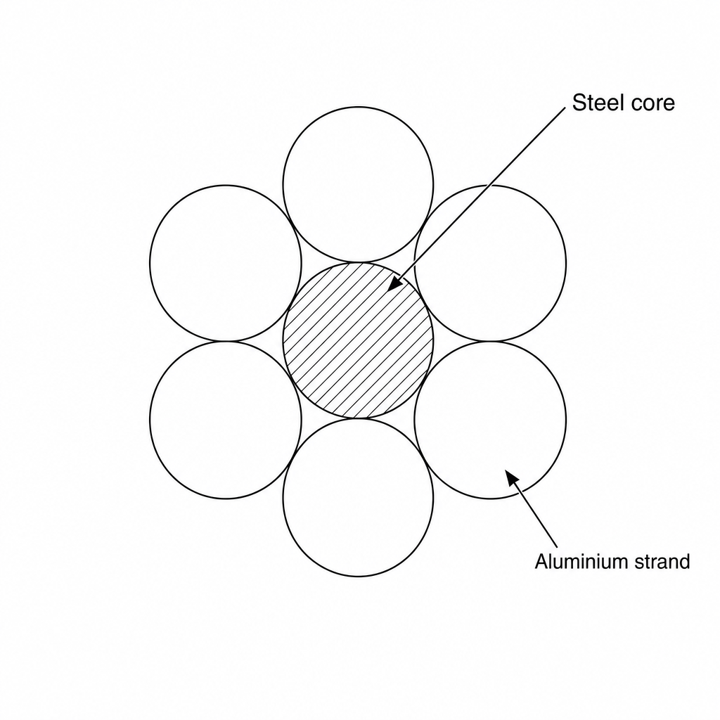 Cross-section of a transmission cable consisting of a central dark-grey circular wire representing a steel core, closely surrounded by six lighter-grey circular wires representing aluminium strands. Arrows label the central wire as 'steel core' and the outer wires as 'aluminium strands'.