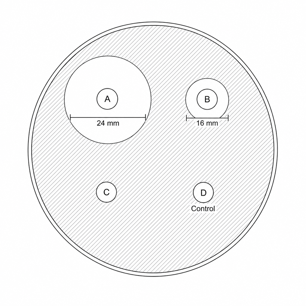 A Petri dish containing nutrient agar inoculated with E. coli bacteria. There are four circular paper discs placed on the agar: Disc A has a medium-sized clear circular zone of inhibition around it, with a measured diameter of 24 mm. Disc B has a smaller clear circular zone of inhibition around it, with a measured diameter of 16 mm. Disc C has no clear zone around it. Disc D is labeled as a control disc with no antibiotic and has no clear zone around it. The background agar is shaded grey representing bacterial growth, while the zones of inhibition are white.