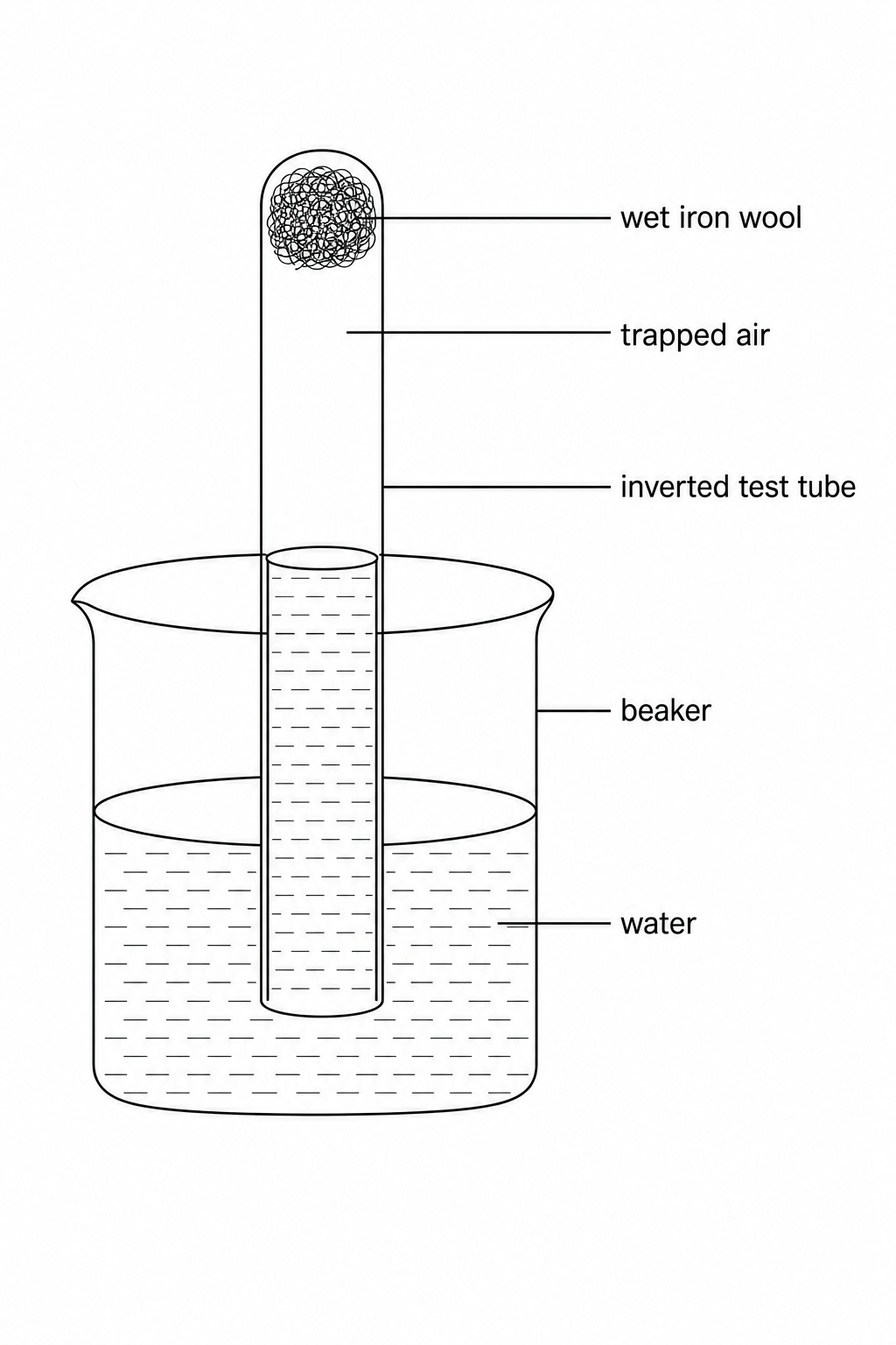 An experimental setup involving a test tube inverted in a beaker of water. At the very top (the closed bottom) of the inverted test tube is a plug of wet iron wool. Below this wool, there is a column of air trapped inside the test tube. The lower, open end of the test tube is placed under water in a beaker, meaning some water rises up into the bottom of the tube.