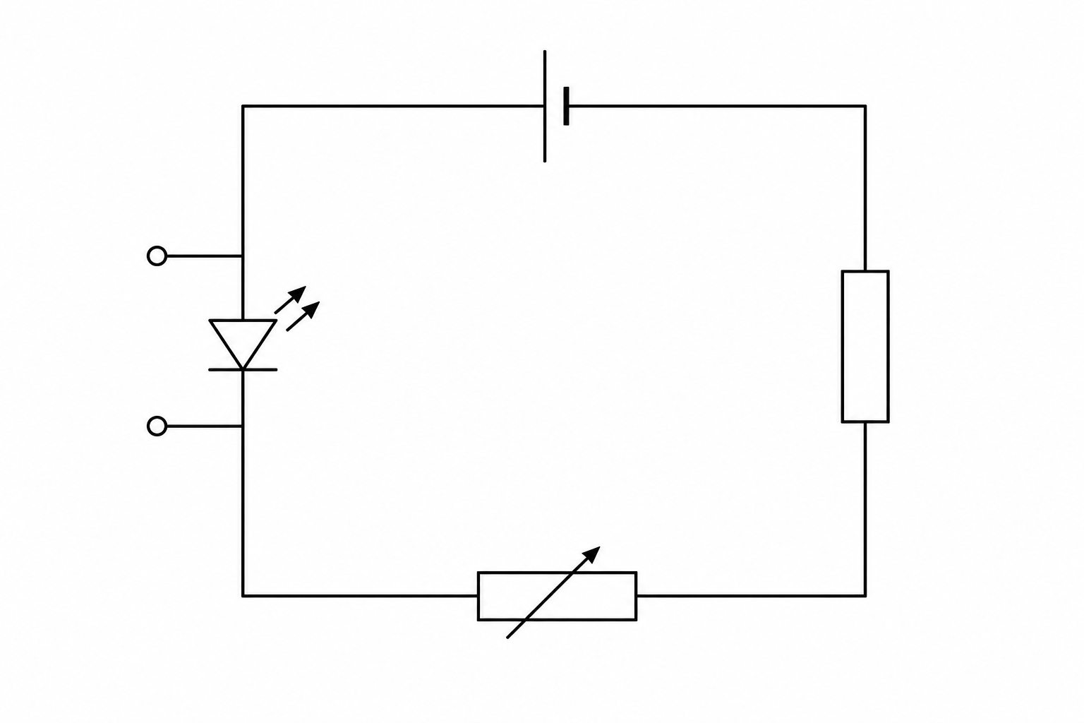 Circuit diagram showing a cell, a fixed resistor, an LED, and a variable resistor connected in series. There is a gap with terminals across the LED where a voltmeter could be connected.
