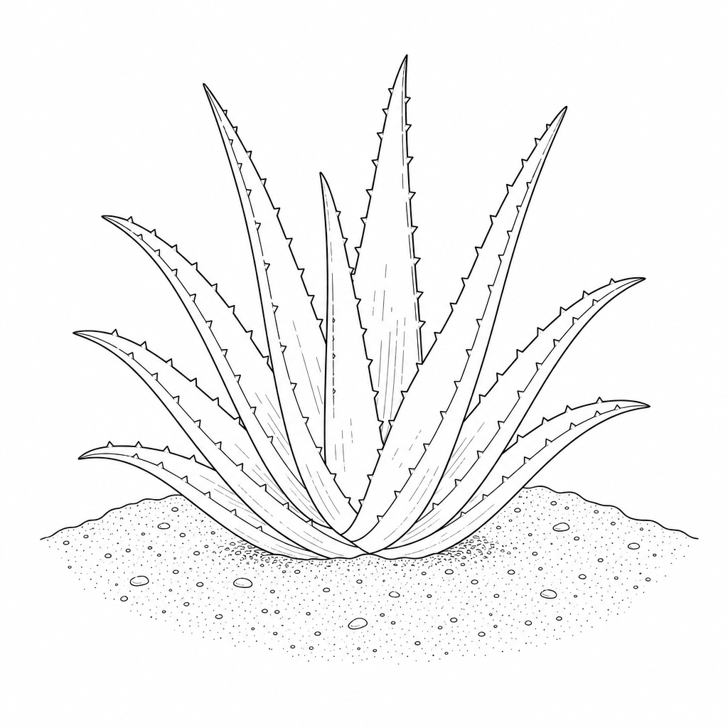 An Aloe vera plant with thick, fleshy green leaves that have small, sharp, spike-like teeth running along their outer edges.
