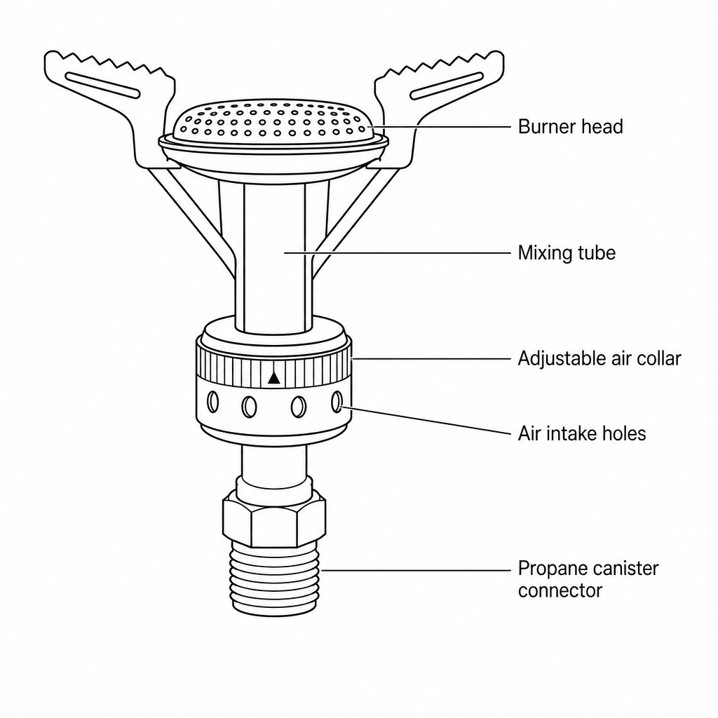 A portable camping stove burner showing a propane canister connector, a mixing tube, and an adjustable air collar containing air intake holes that can be opened or closed.