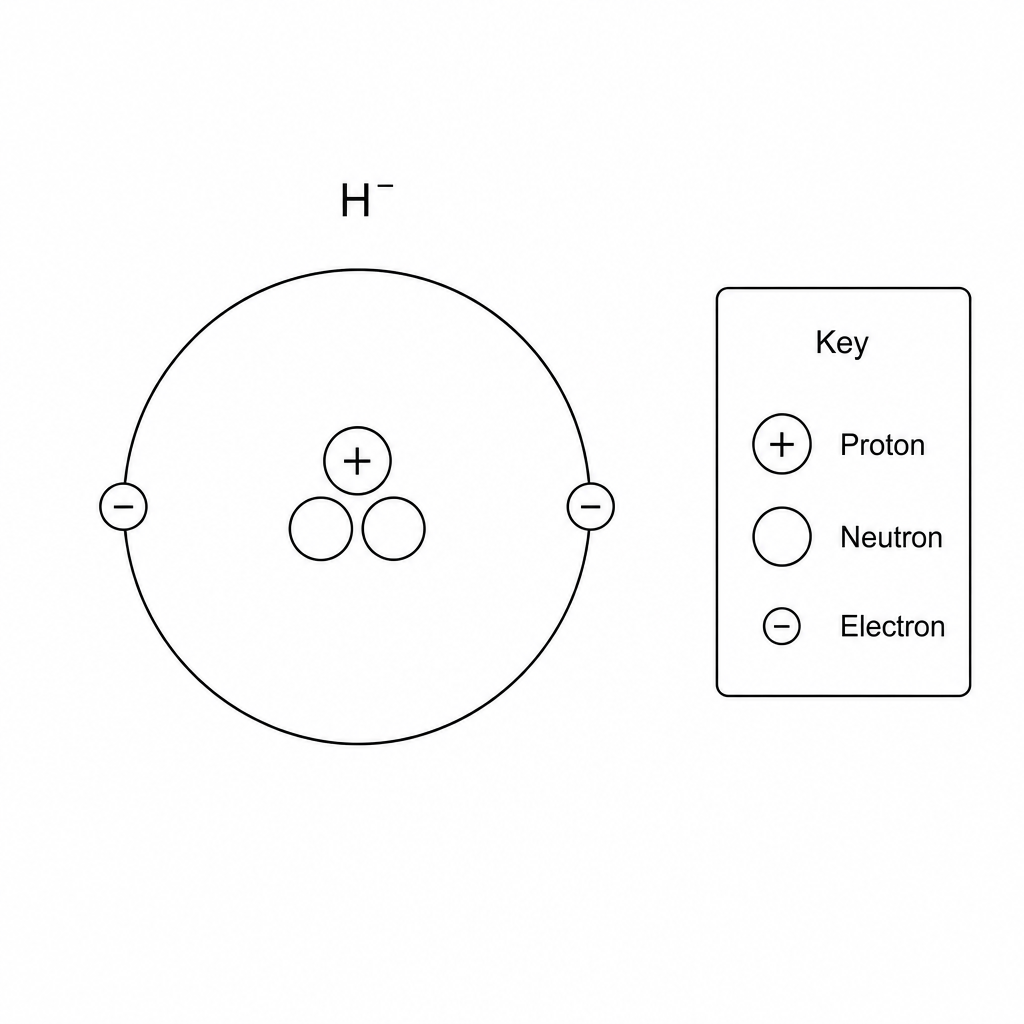 A simplified schematic of an ion showing a central nucleus containing 1 proton and 2 neutrons, and a single electron shell containing 2 electrons.