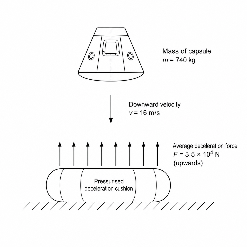 Diagram of an experimental aerospace capsule landing on a pressurized deceleration cushion.