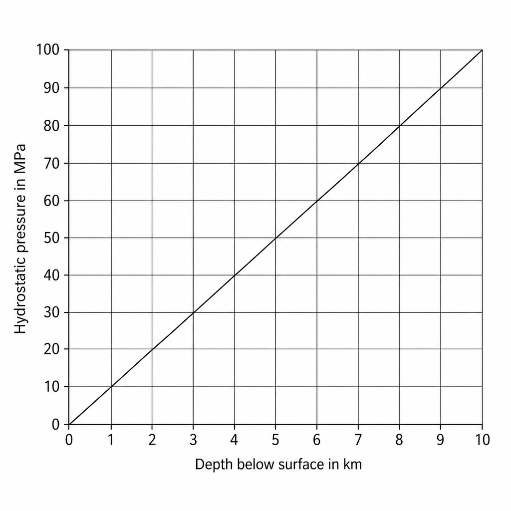 A line graph showing how hydrostatic pressure changes with depth below the ocean surface. The vertical axis is labeled 'Hydrostatic pressure in MPa' and ranges from 0 to 100 with grid lines every 10 MPa. The horizontal axis is labeled 'Depth below surface in km' and ranges from 0 to 10 with grid lines every 1 km.