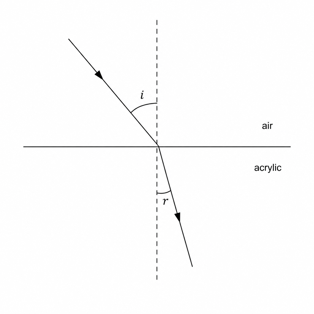 Figure 1: Schematic showing a ray of light traveling from air into a flat horizontal surface of acrylic. The ray bends towards the normal as it enters the acrylic, so the angle of refraction r is smaller than the angle of incidence i. Both angles are measured with respect to a vertical dashed normal line.