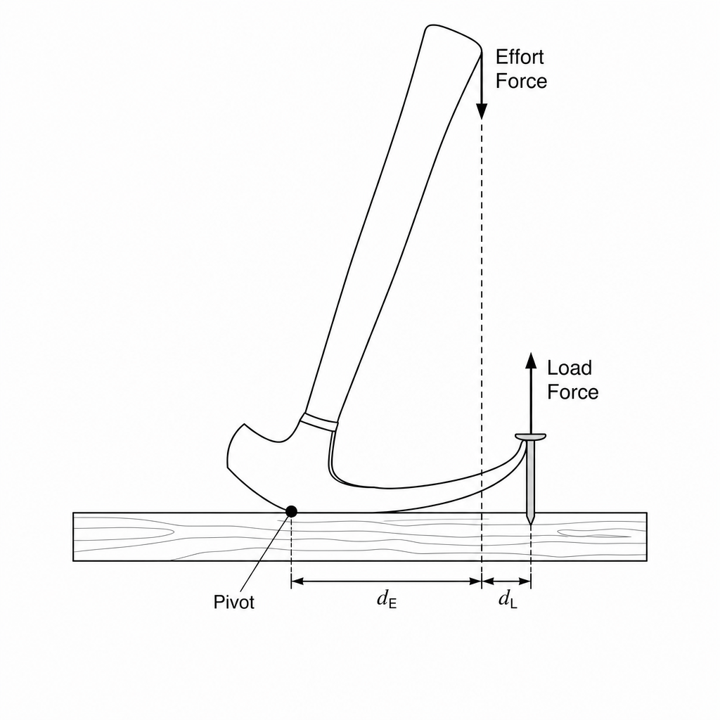 Diagram showing a claw hammer being used to pull a nail out of a wooden block. The pivot (fulcrum) is located where the curved back of the hammer's head rests against the surface of the block. The load force (the resistance of the nail) acts downwards at the claw, situated a very short perpendicular distance from the pivot. The effort force is applied perpendicularly at the far end of the hammer's handle, a much larger distance from the pivot. Labelled arrows show the effort force and the load force.