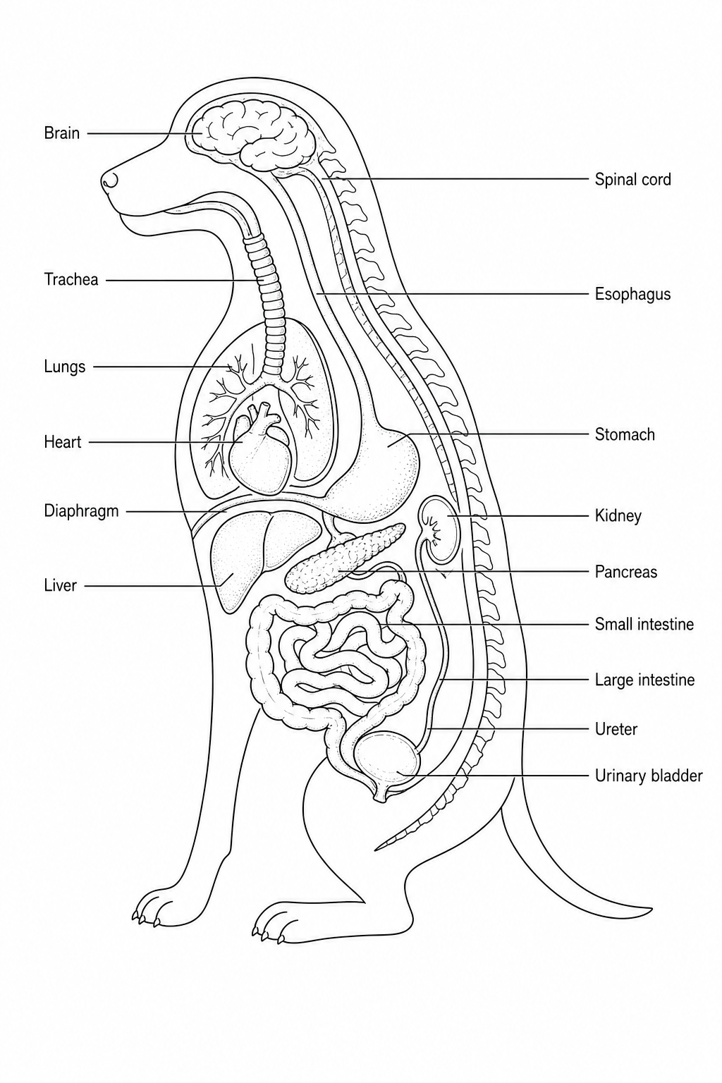 Schematic sagittal view of a mammal showing the main internal organs. The brain is located in the cranial cavity of the head, connected to the spinal cord. The trachea leads from the mouth/nasal cavity down to the lungs. The heart is located ventral to the lungs in the thoracic cavity. Below the diaphragm, the esophagus leads to the stomach. The liver lies anterior and ventral to the stomach, and the pancreas is located adjacent to the loop of the small intestine. The stomach leads through the small intestine to the large intestine. Towards the dorsal wall of the abdomen, the kidney is shown with a ureter leading to the urinary bladder.