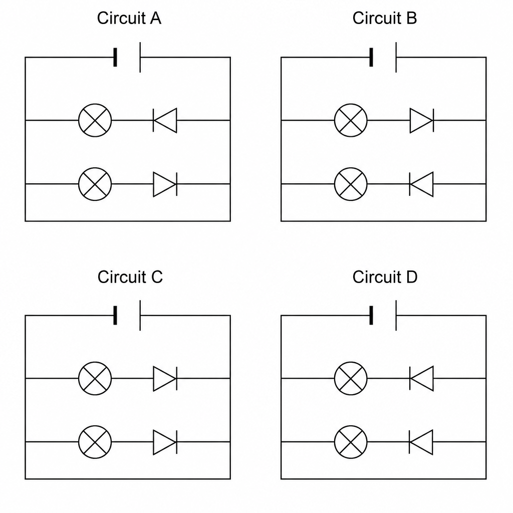 Four parallel circuit diagrams labeled Circuit A, Circuit B, Circuit C, and Circuit D.