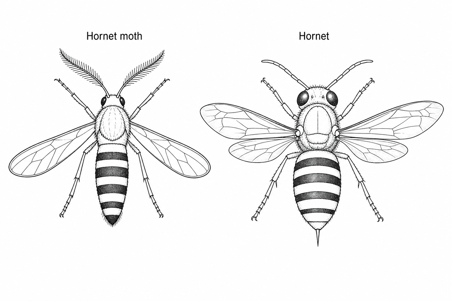 A biological diagram showing a hornet moth on the left and a hornet on the right. Both have yellow and black striped abdomens.