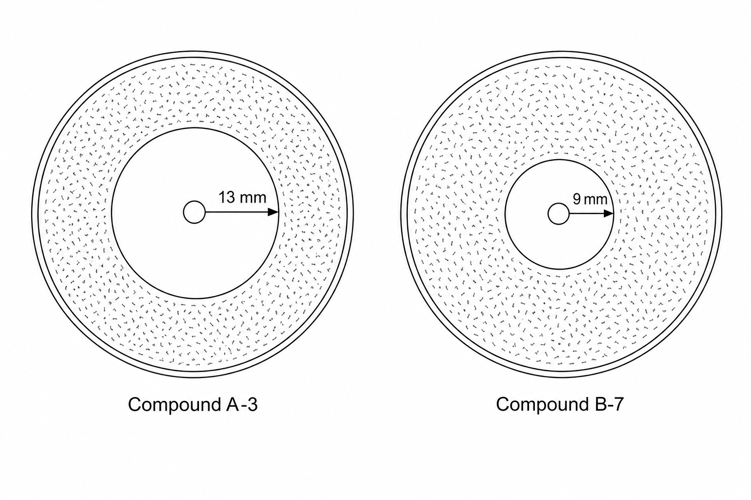 Two agar plates showing circular zones of inhibition around central paper discs.