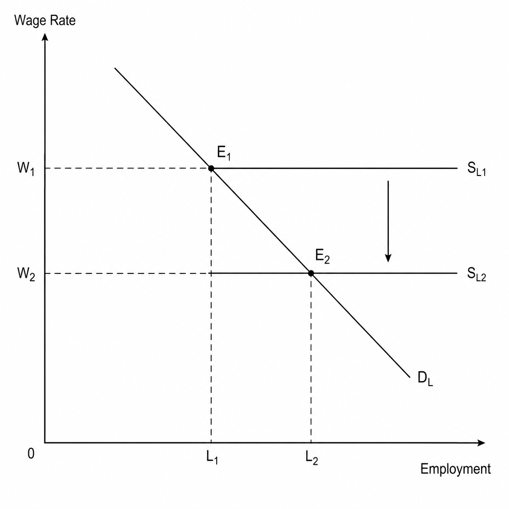 Labour market diagram with horizontal supply curves shifting downwards