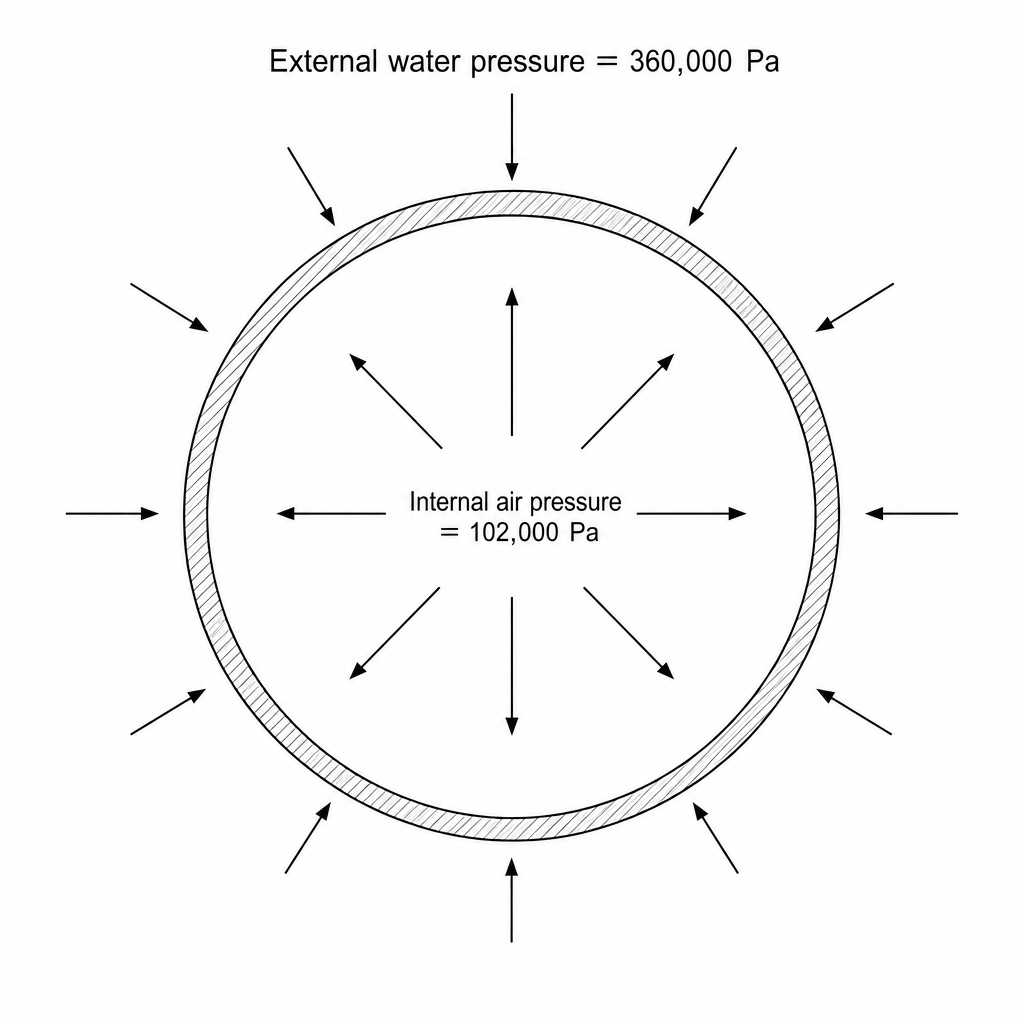 A simplified cross-section diagram of a spherical steel deep-sea submersible cabin underwater. Arrows point inwards representing the external water pressure on the hull, and arrows point outwards representing the internal cabin air pressure.
